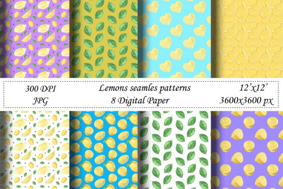 Lemons Seamless Patterns. Watercolor
