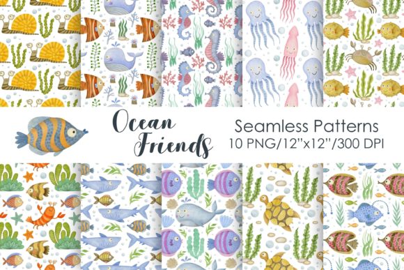 Watercolor Seamless Patterns Sea Friends